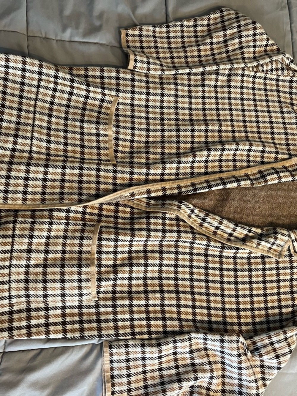 LOFT Plaid Tweed Open-Front Coatigan in Cream, Brown and Black